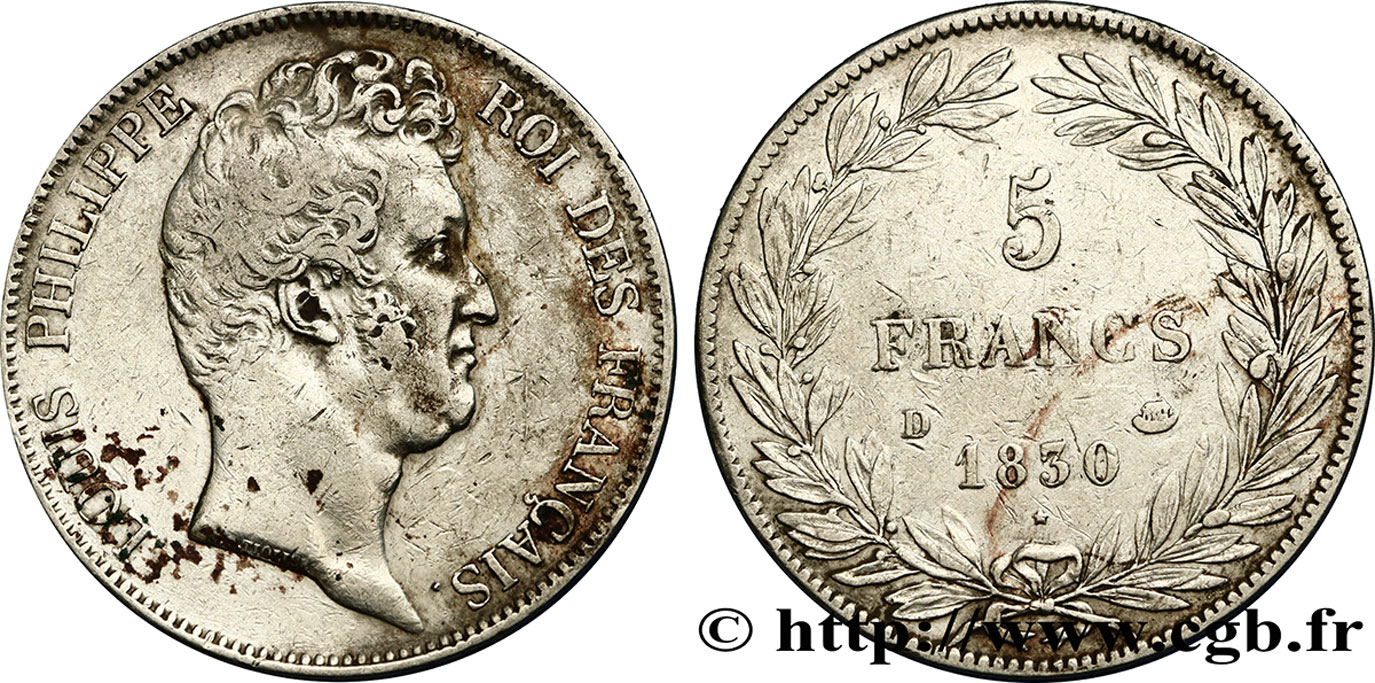 5 francs type Tiolier sans le I, tranche en creux 1830 Lyon F.313/3 S35 