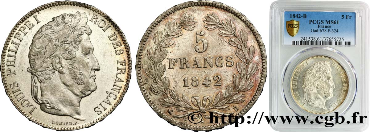 5 francs IIe type Domard 1842 Rouen F.324/96 SUP61 PCGS