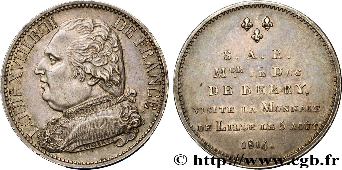 Monnaie de visite, module de 5 francs, pour le duc de Berry à la Monnaie de Lille 1814  VG.2371  SPL58 