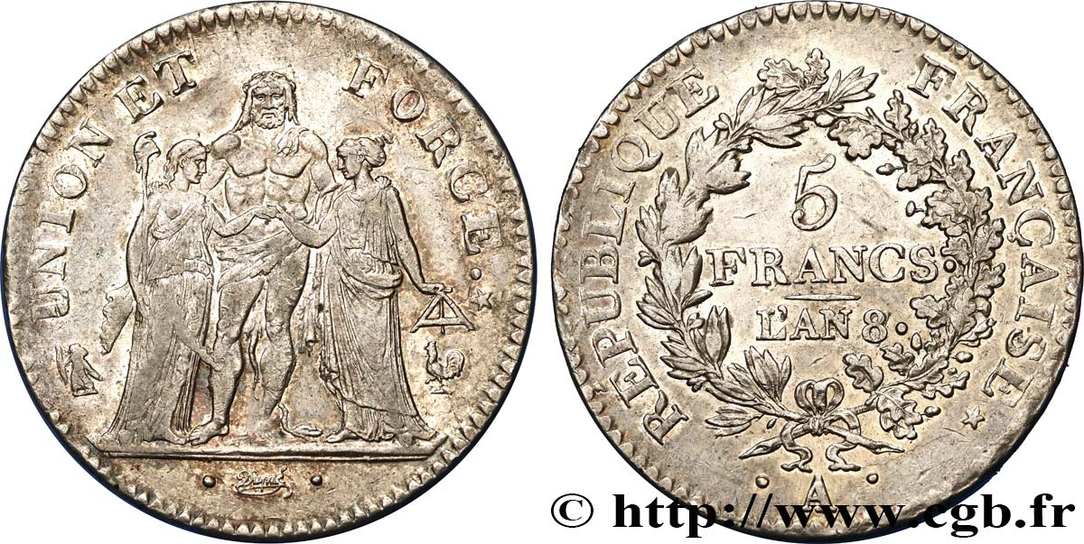 5 francs Union et Force, Union desserré, avec glands intérieurs et gland extérieur 1800 Paris F.291/31 MBC50 