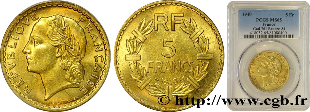 5 Francs Lavrillier bronze-aluminium, frappe courante 1940 Paris F.337/4 ST65 PCGS