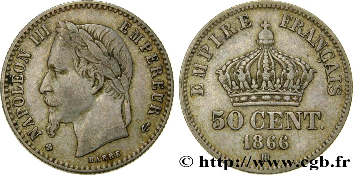 50 centimes Napoléon III, tête laurée 1866 Strasbourg F.188/10 MBC40 