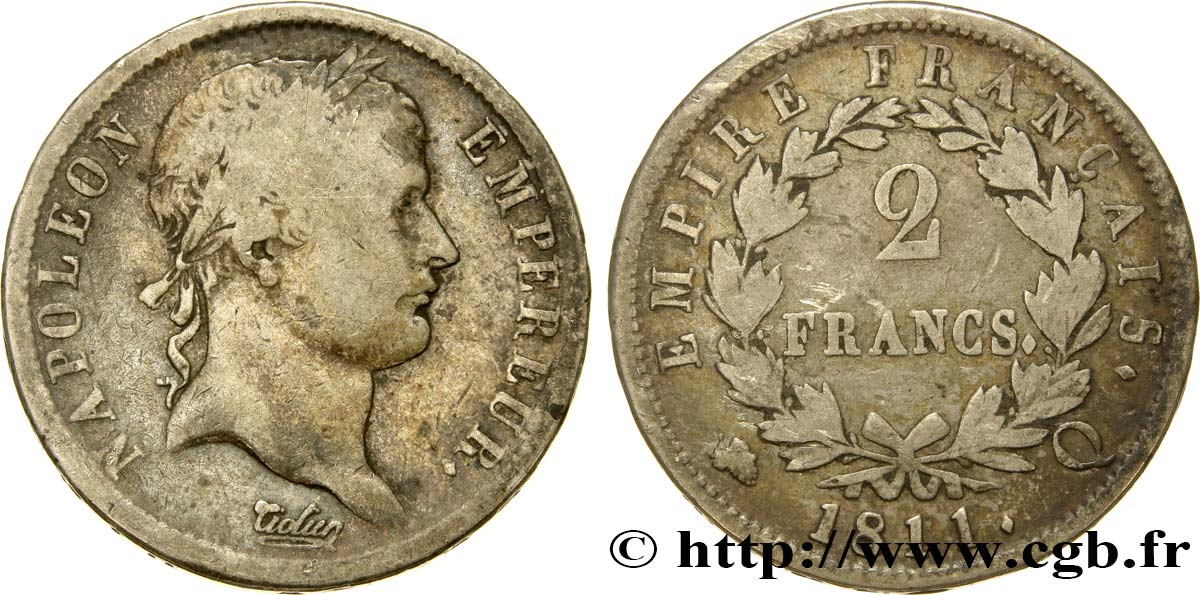 2 francs Napoléon Ier tête laurée, Empire français 1811 Perpignan F.255/34 VF20 