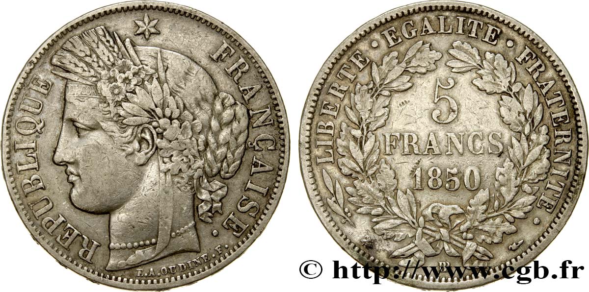 5 francs Cérès, IIe République 1850 Strasbourg F.327/5 SS40 