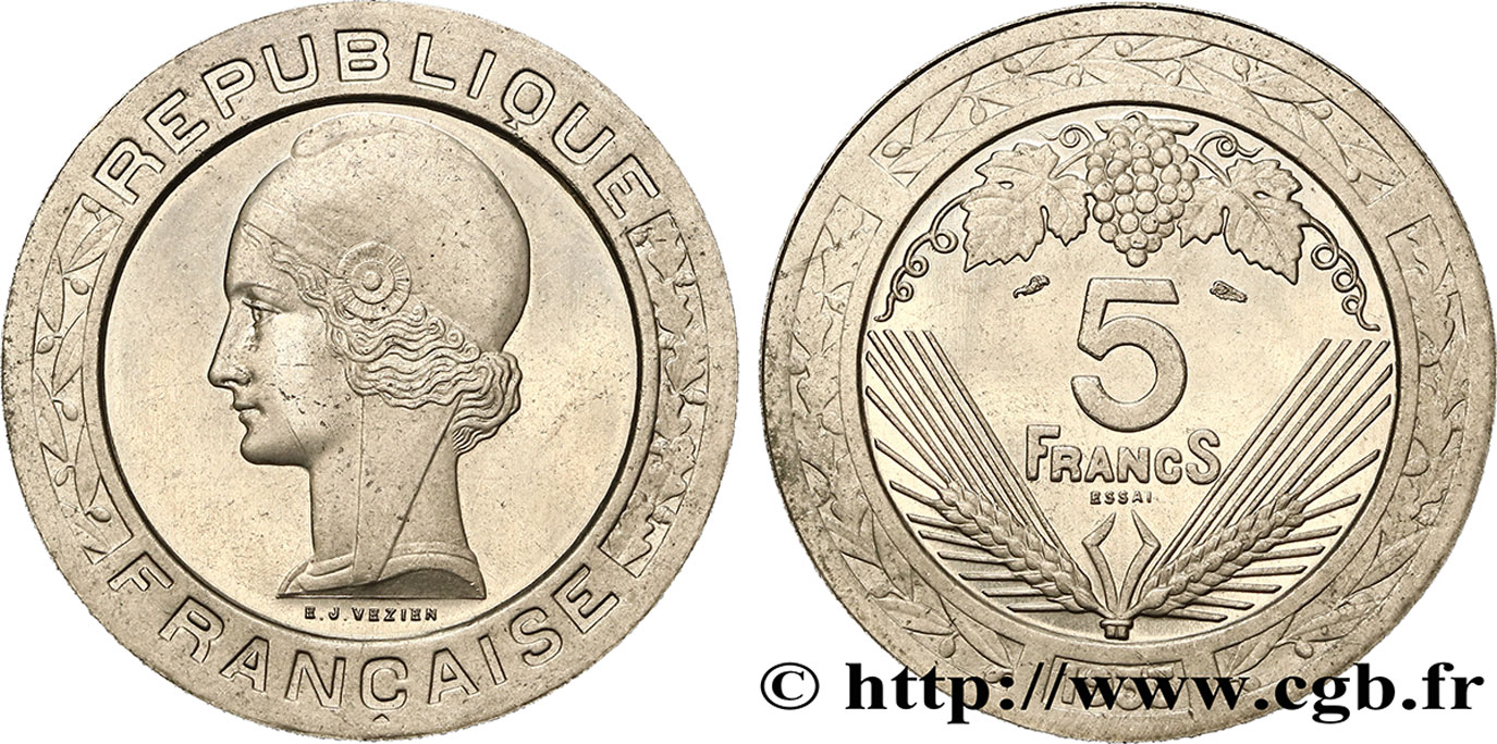 Concours de 5 francs, essai de Vézien, en nickel 1933 Paris GEM.139 1 MS62 