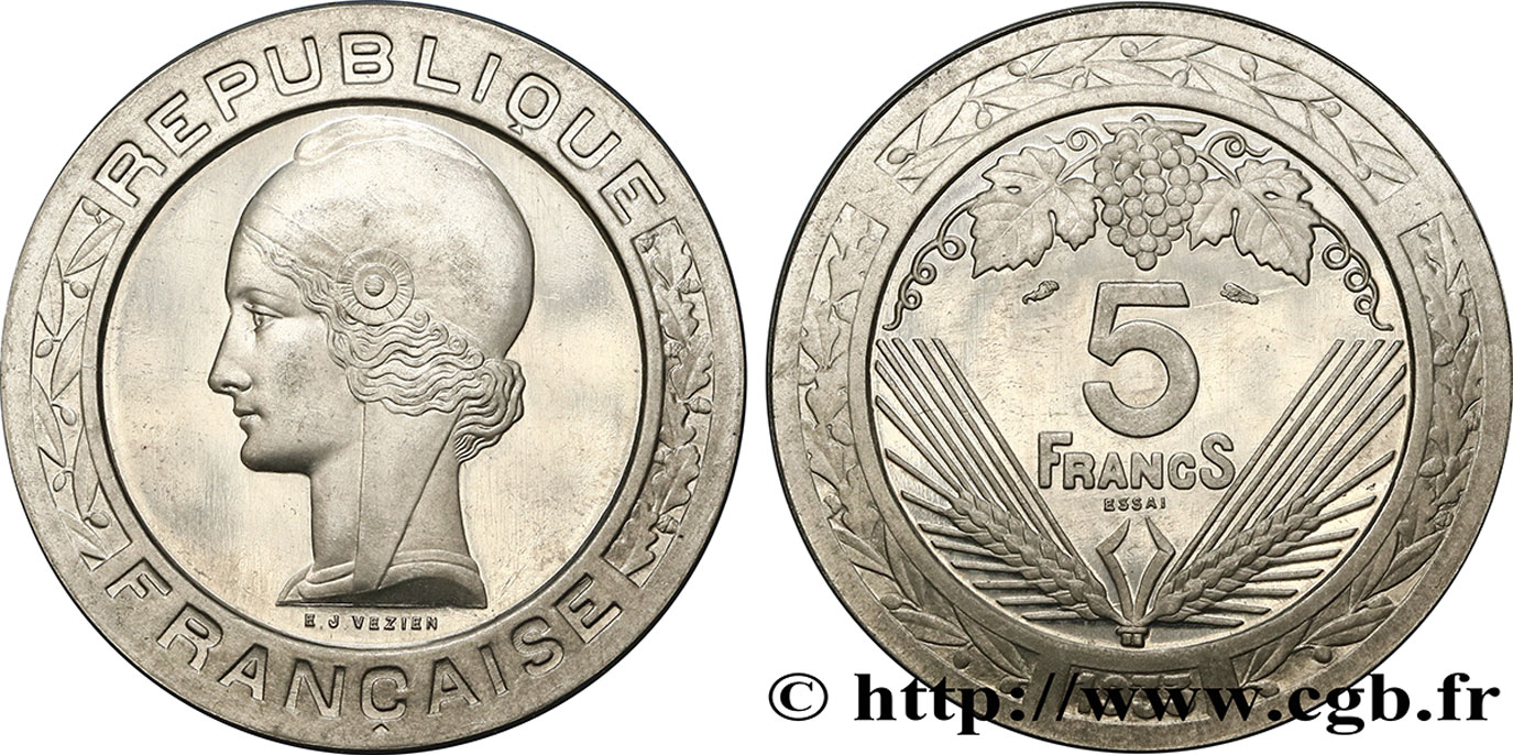 Concours de 5 francs, essai de Vézien en aluminium, léger, 3,5 g 1933 Paris GEM.139 4 SC63 