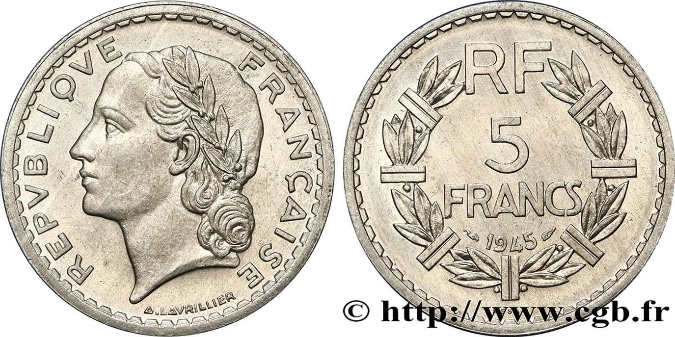 Essai de 5 francs Lavrillier, aluminium 1945 Paris F.339/1 SC63 