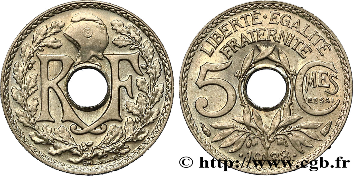 Essai de 5 centimes Lindauer maillechort, ESSAI en relief 1938 Paris F.123A/1 MS65 