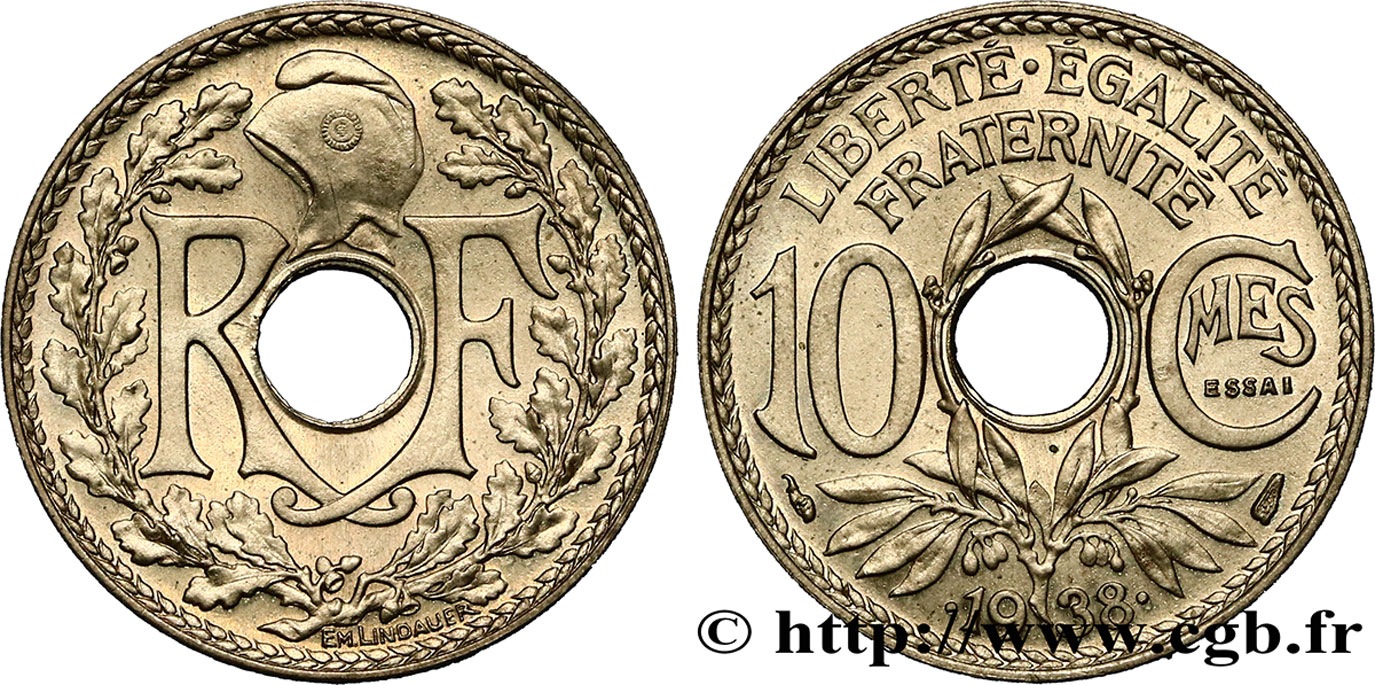 Essai de 10 centimes Lindauer, maillechort 1938 Paris F.139/1 fST63 