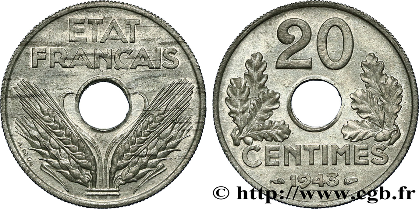 20 centimes État français, légère, poids très léger (2,80 g) 1943  F.153A/1 SC63 