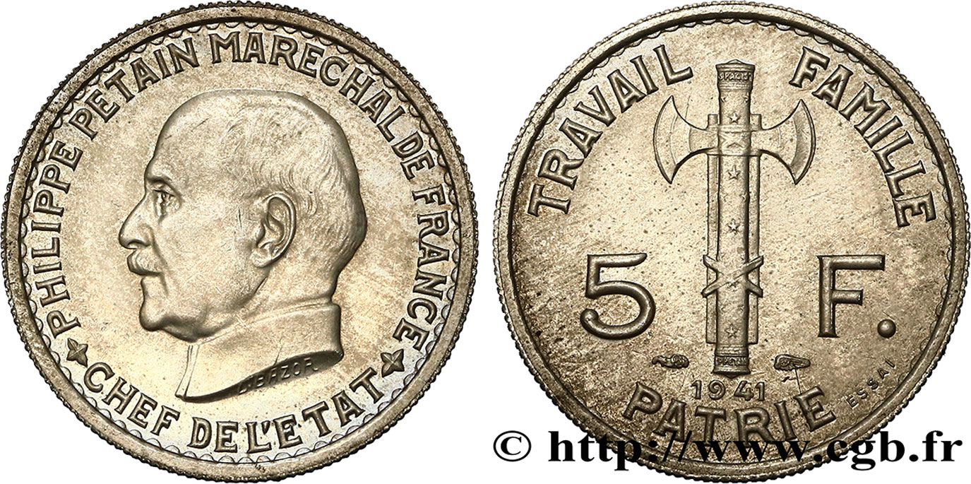 Essai de 5 francs Pétain 1941 Paris F.338/1 MS62 