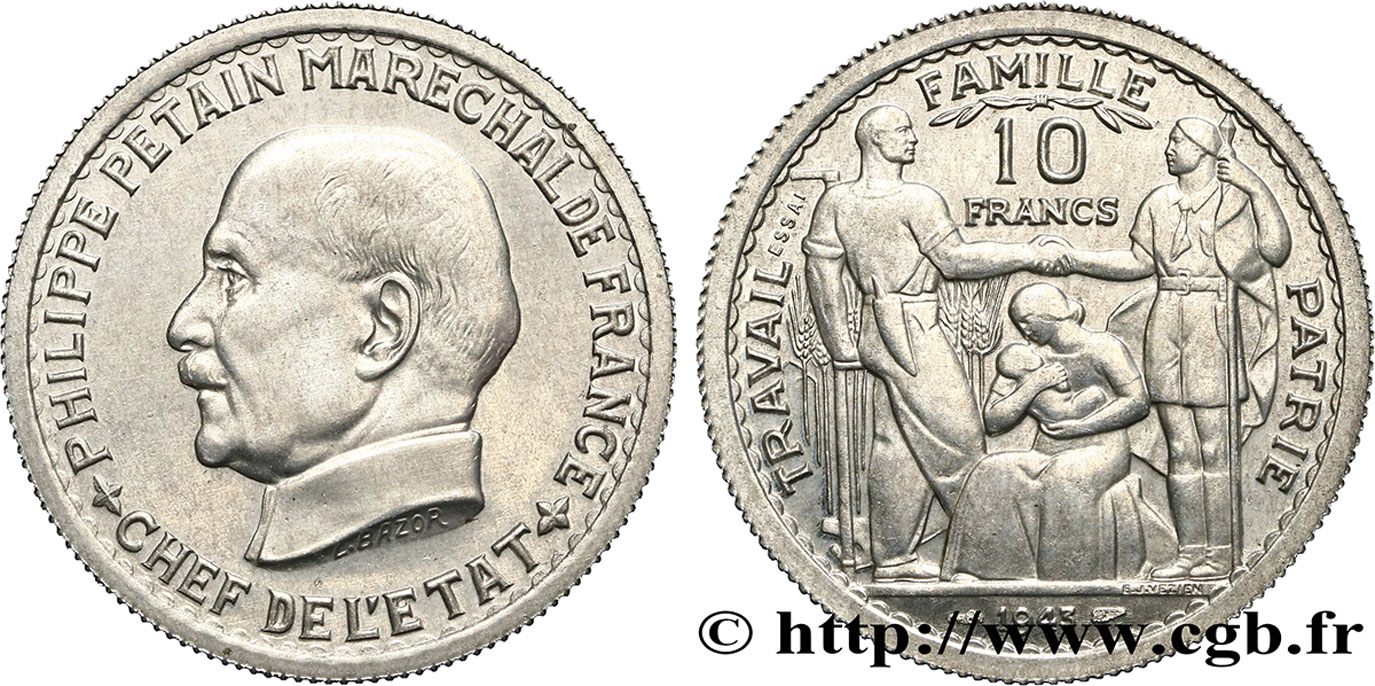 Essai de 10 francs Pétain en aluminium par Bazor/Vézien 1943 Paris GEM.179 1 SPL63 