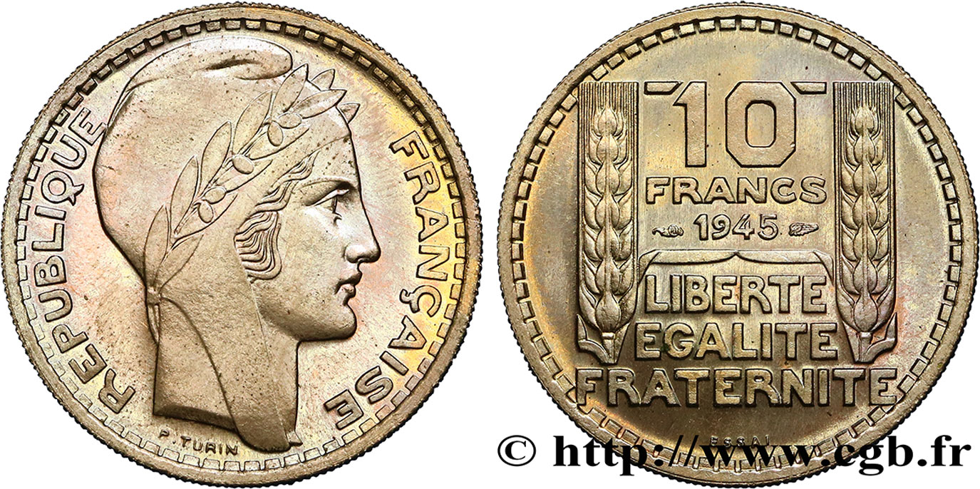 Essai de 10 francs Turin, grosse tête, rameaux longs 1945 Paris F.361/1 MS65 