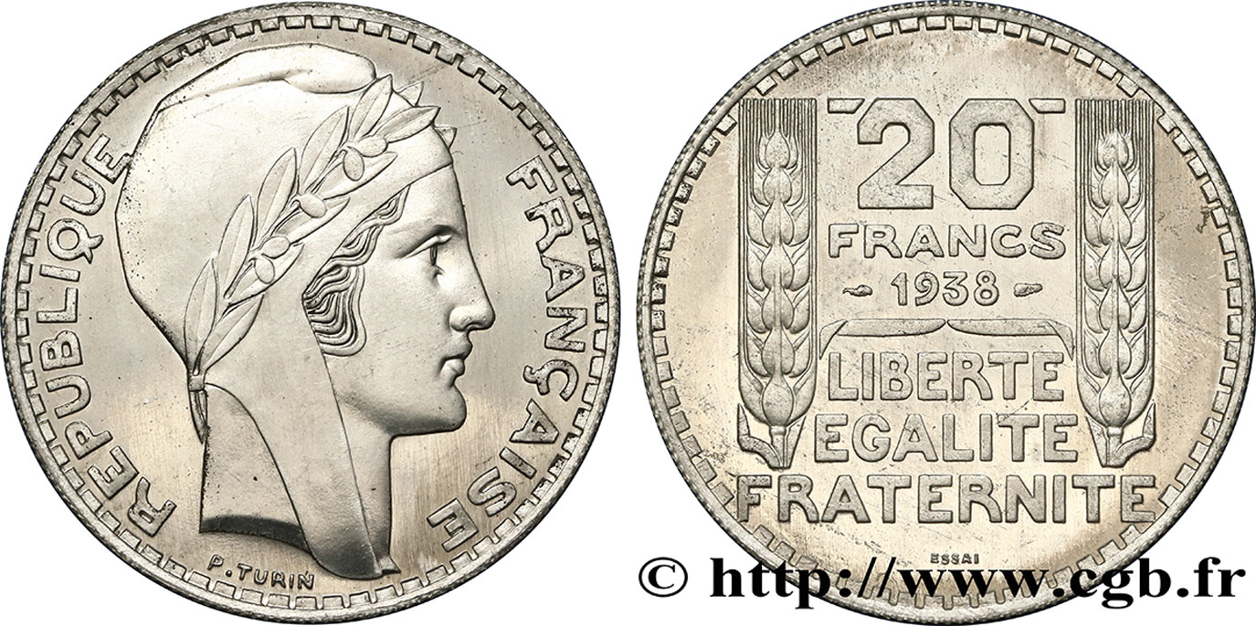 Préparation de la 20 francs Pétain, type Turin, essai en aluminium, tranche striée, 4 g 1938 Paris GEM. 200 6 SC64 