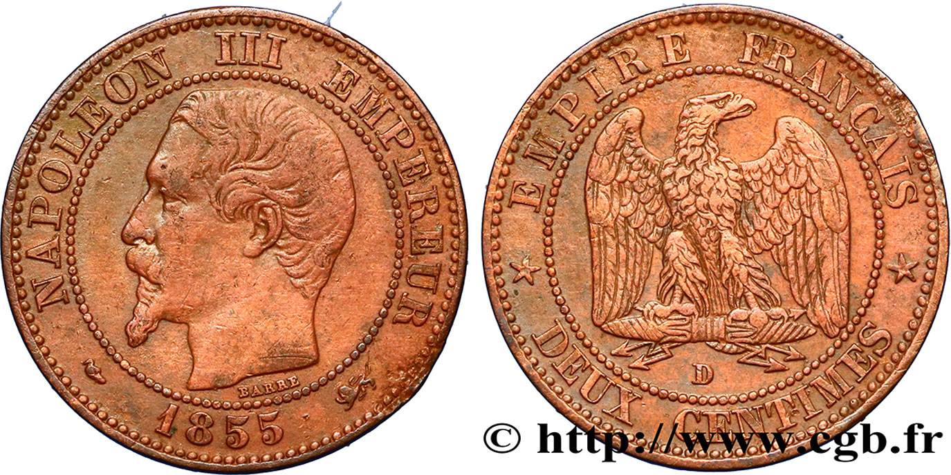 Deux centimes Napoléon III, tête nue 1855 Lyon F.107/29 BB45 