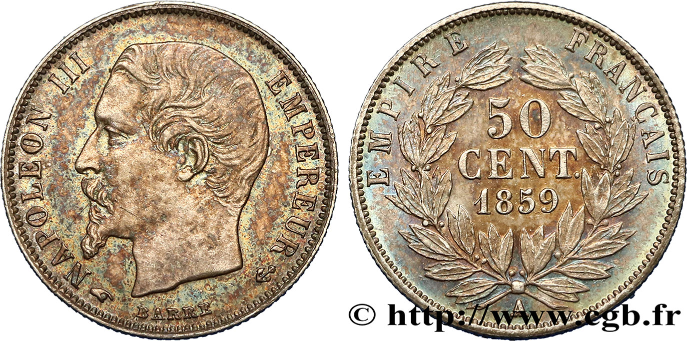 50 centimes Napoléon III, tête nue 1859 Paris F.187/10 SUP60 