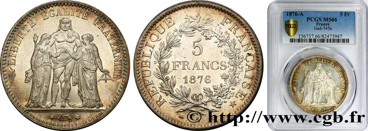 5 francs Hercule 1876 Paris F.334/17 FDC66 PCGS