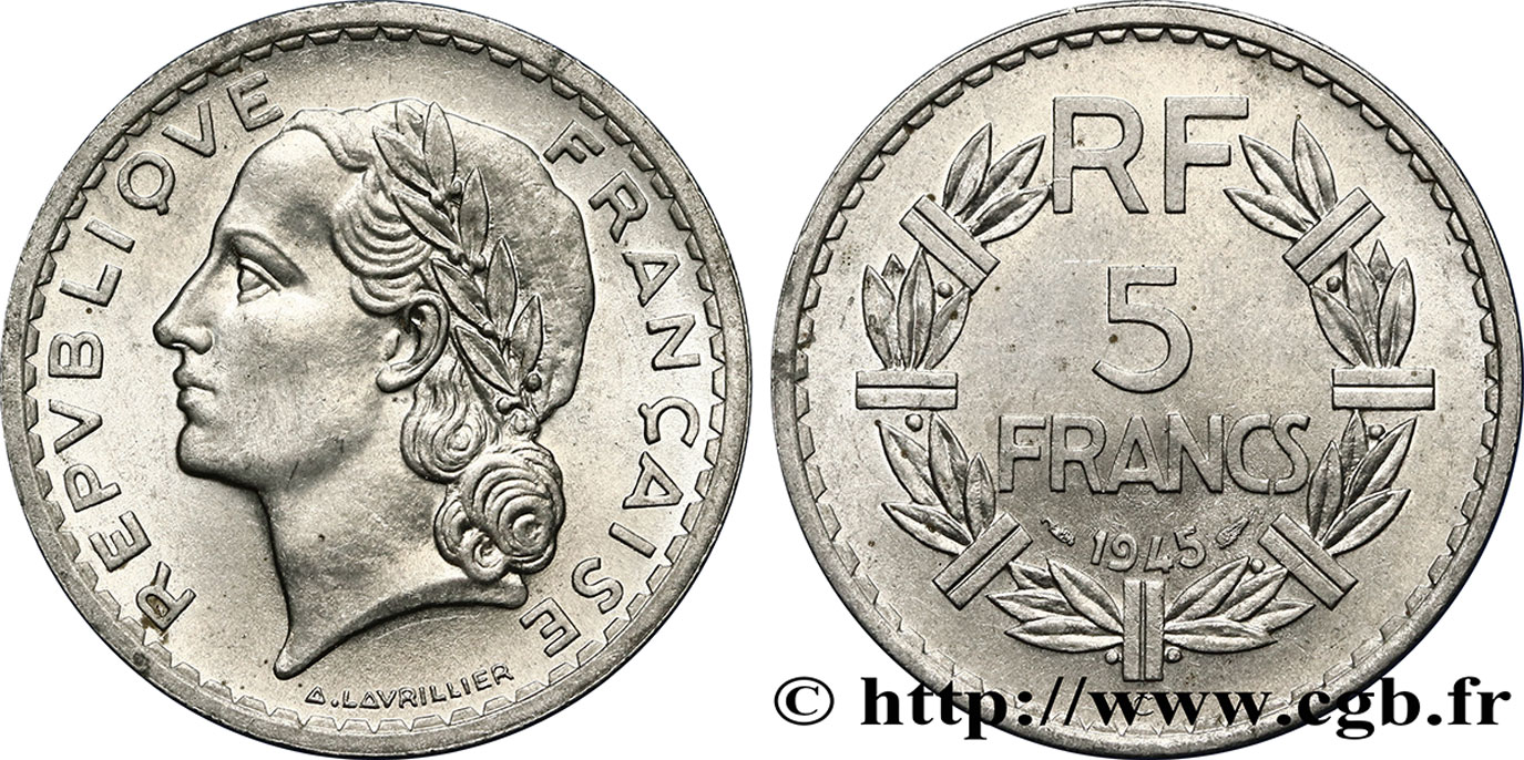 5 francs Lavrillier, aluminium 1945 Castelsarrasin F.339/5 AU58 