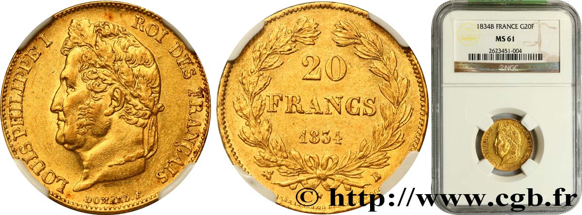 20 francs or Louis-Philippe, Domard 1834 Rouen F.527/8 MS61 NGC