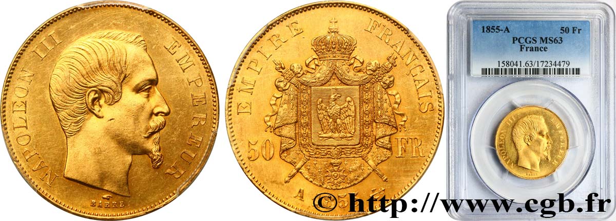 50 francs or Napoléon III, tête nue 1855 Paris F.547/1 SPL63 PCGS