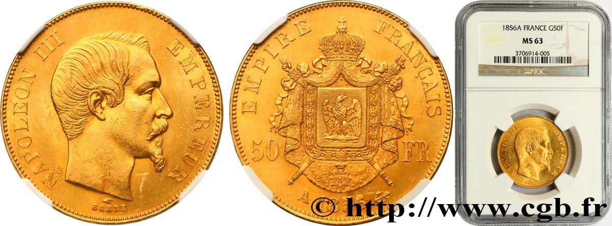 50 francs or Napoléon III, tête nue 1856 Paris F.547/3 MS63 NGC