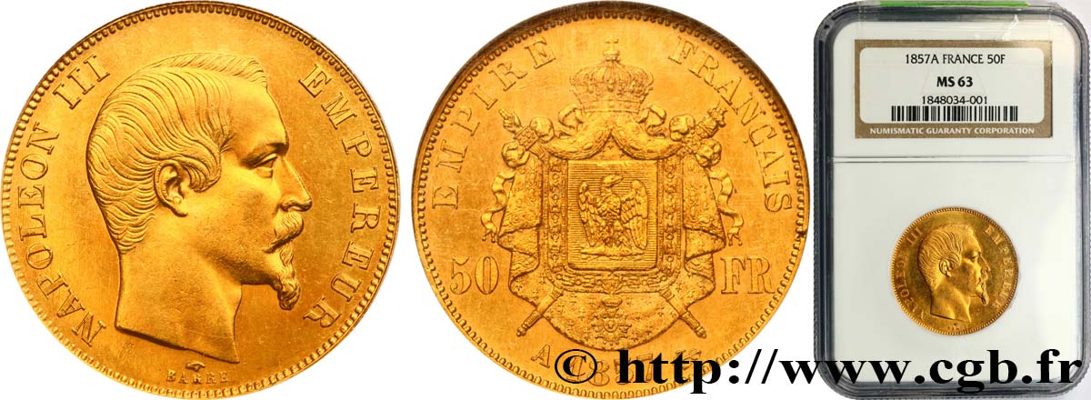 50 francs or Napoléon III, tête nue 1857 Paris F.547/4 MS63 NGC