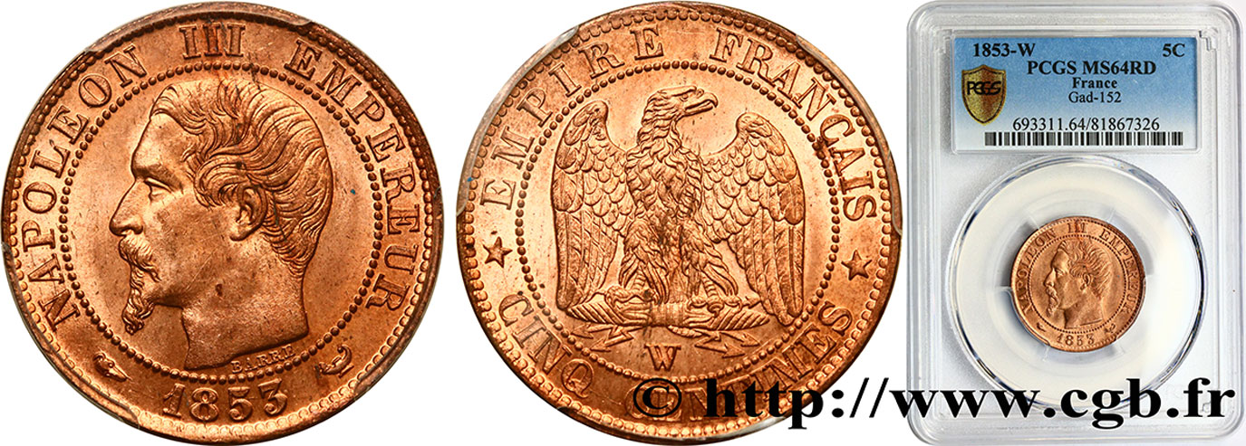 Cinq centimes Napoléon III, tête nue 1853 Lille F.116/7 SPL64 PCGS