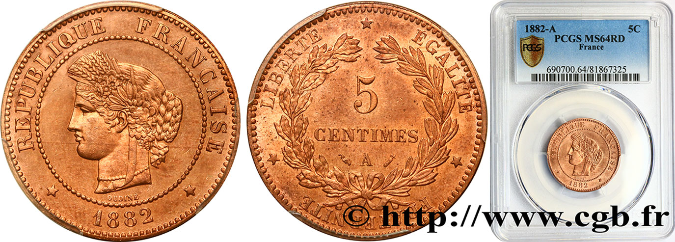 5 centimes Cérès 1882 Paris F.118/23 fST64 PCGS