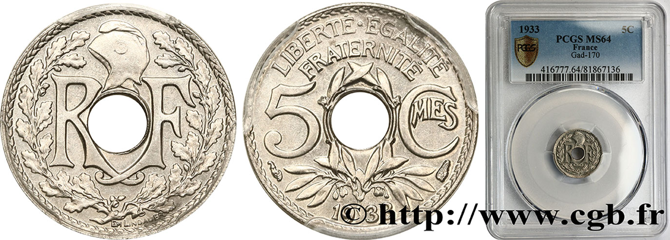 5 centimes Lindauer, petit module 1933 Paris F.122/16 fST64 PCGS