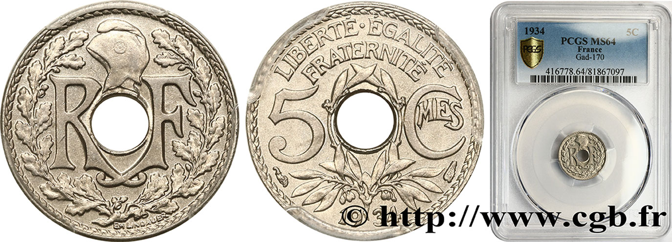 5 centimes Lindauer, petit module 1934 Paris F.122/17 SC64 PCGS