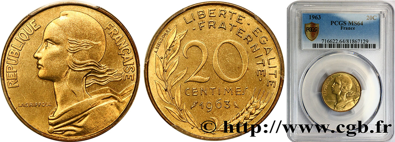 20 centimes Marianne 1963 Paris F.156/3 SPL64 PCGS