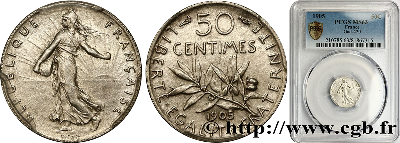 50 centimes Semeuse 1905 Paris F.190/12 SC63 PCGS