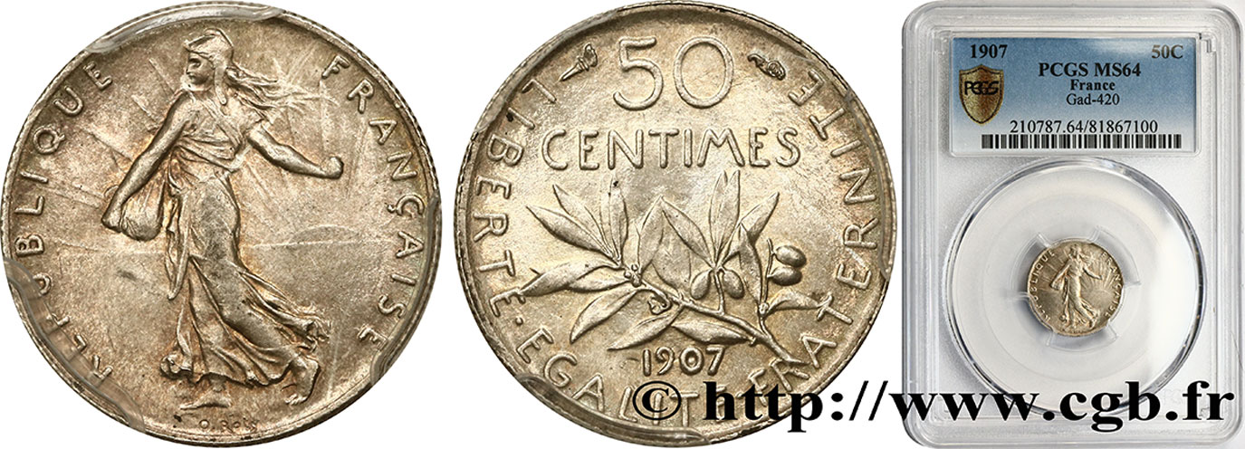 50 centimes Semeuse 1907 Paris F.190/14 fST64 PCGS