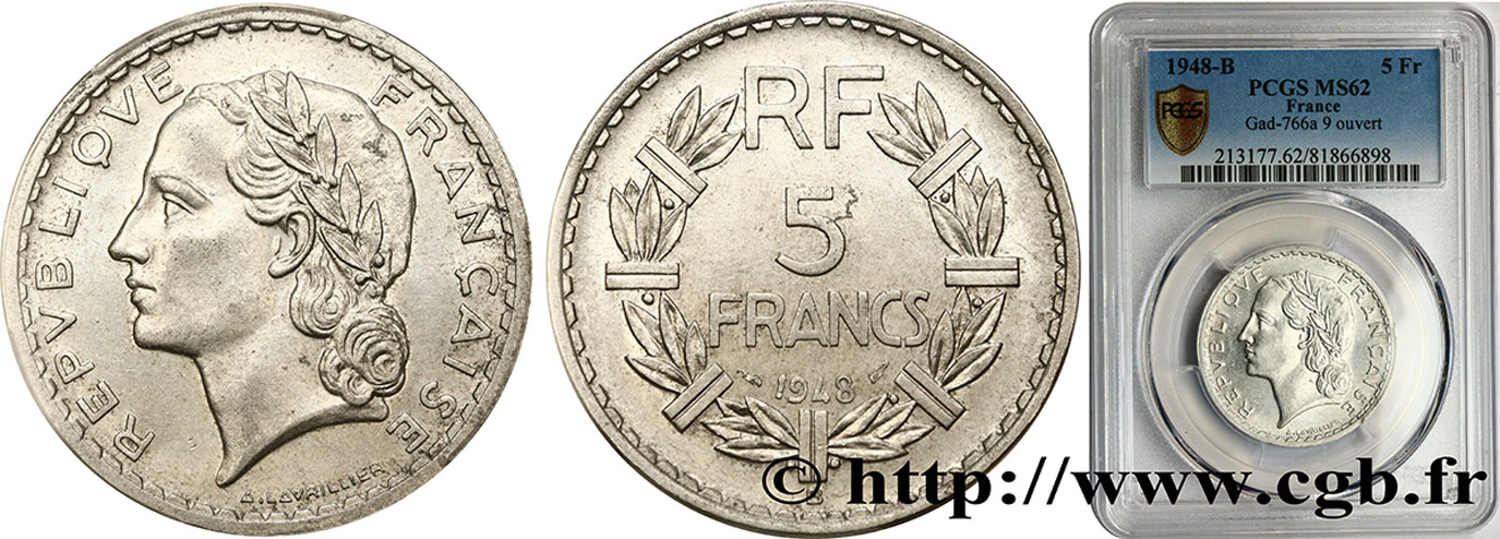 5 francs Lavrillier, aluminium 1948 Beaumont-Le-Roger F.339/15 MS62 PCGS