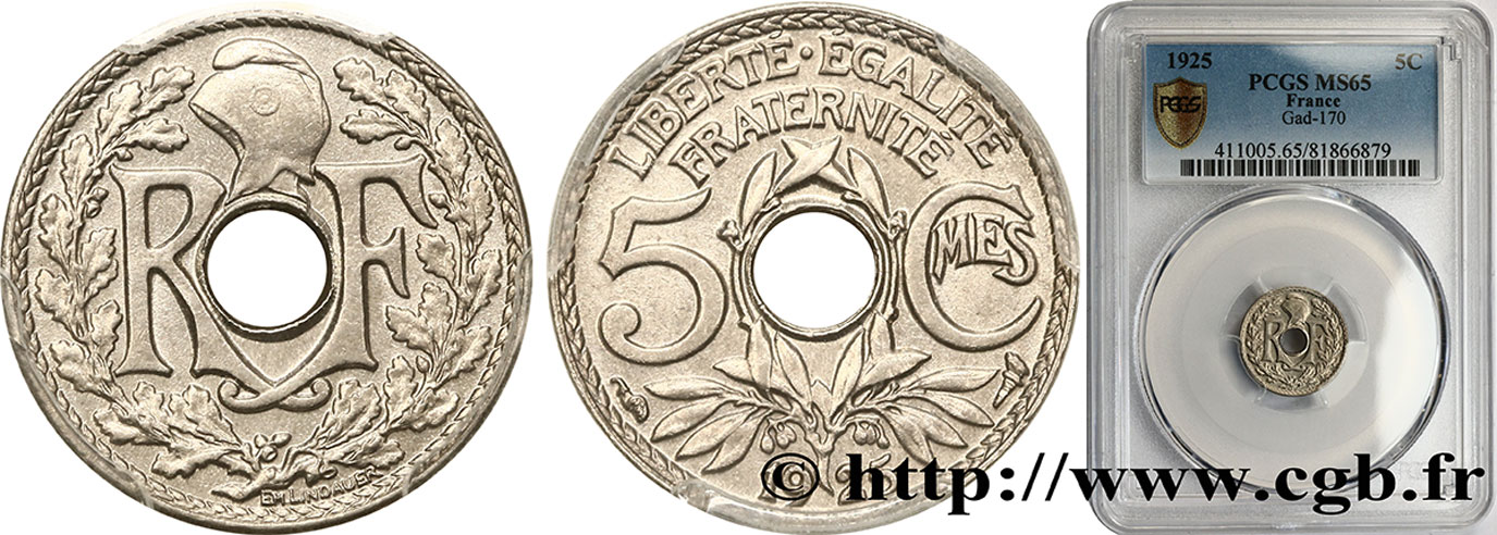 5 centimes Lindauer, petit module 1925 Paris F.122/10 MS65 PCGS