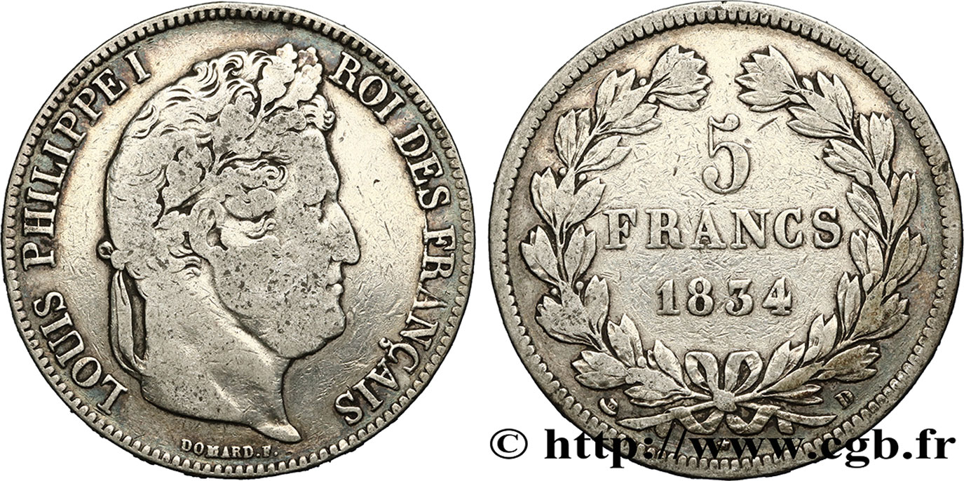 5 francs IIe type Domard 1834 Lyon F.324/32 S20 