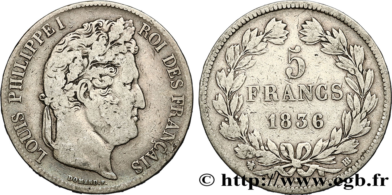5 francs IIe type Domard 1836 Strasbourg F.324/55 VF25 
