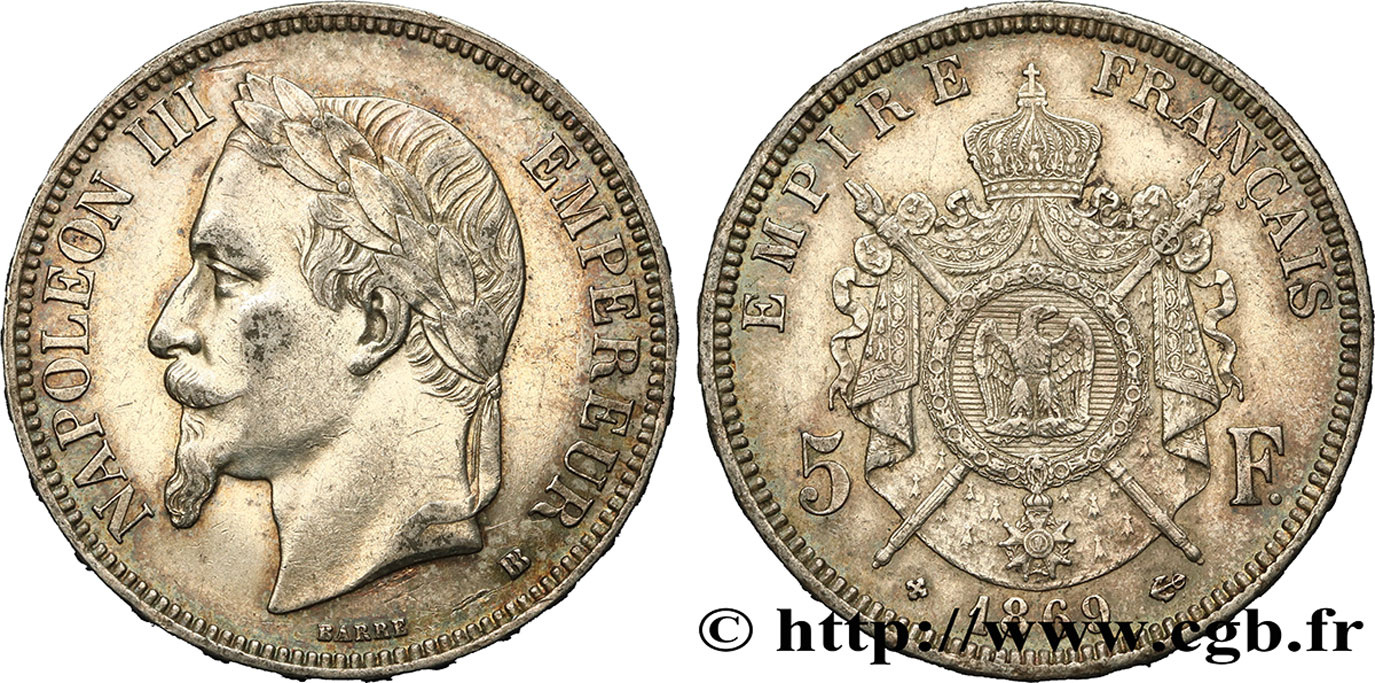 5 francs Napoléon III, tête laurée 1869 Strasbourg F.331/15 TTB 