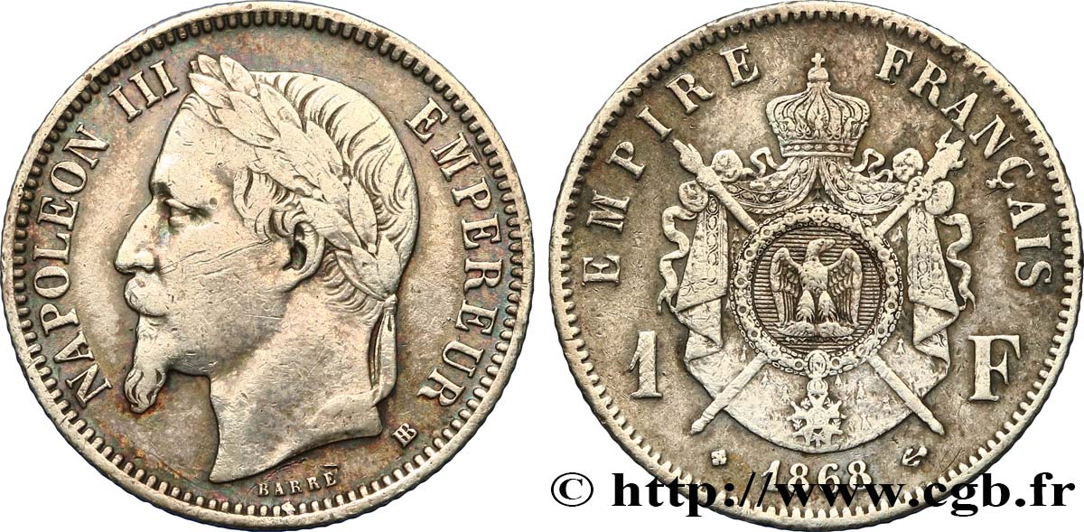 1 franc Napoléon III, tête laurée 1868 Strasbourg F.215/11 MB30 