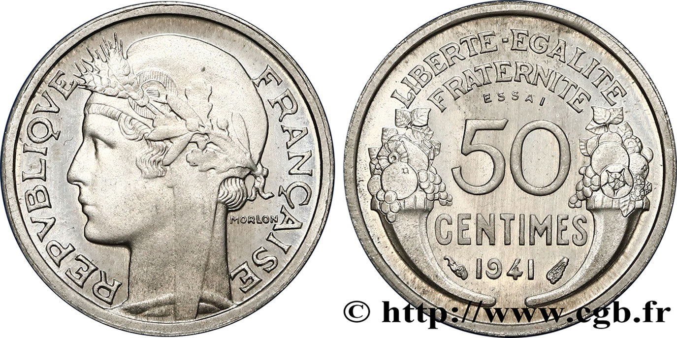 Essai de 50 centimes Morlon, légère 1941 Paris F.194/1 MS65 