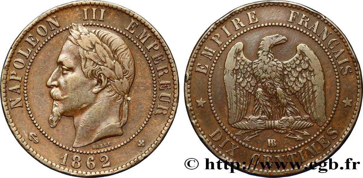 Dix centimes Napoléon III, tête laurée 1862 Strasbourg F.134/8 TTB40 
