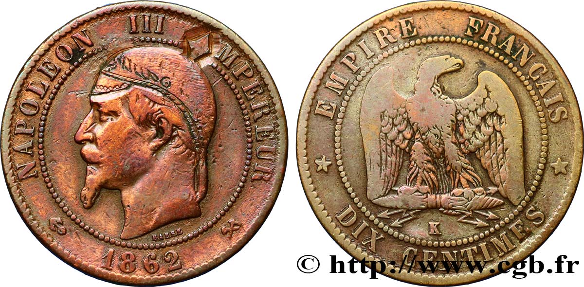 Dix centimes Napoléon III, tête laurée - satirique 1862 Bordeaux F.134/9 var. TB 
