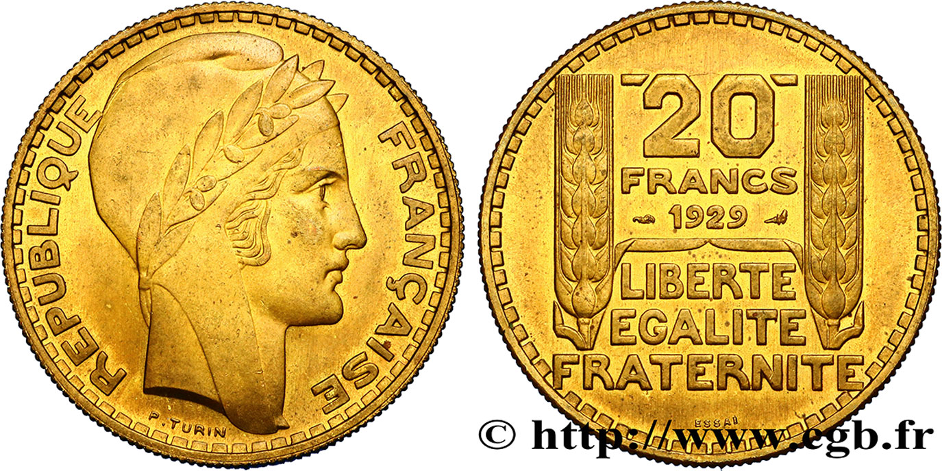 Essai de 20 francs Turin en bronze-aluminium 1929 Paris GEM.199 5 SPL60 