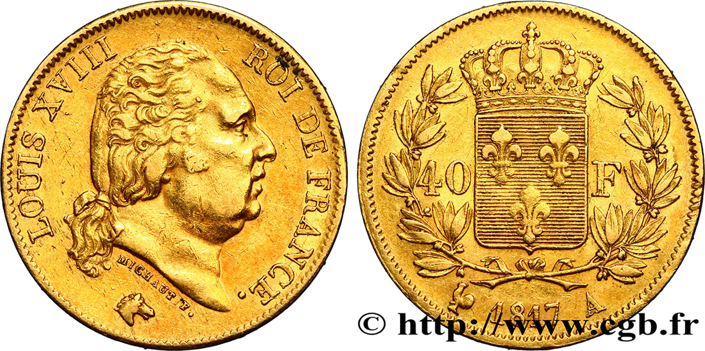 40 francs or Louis XVIII 1817 Paris F.542/6 XF45 