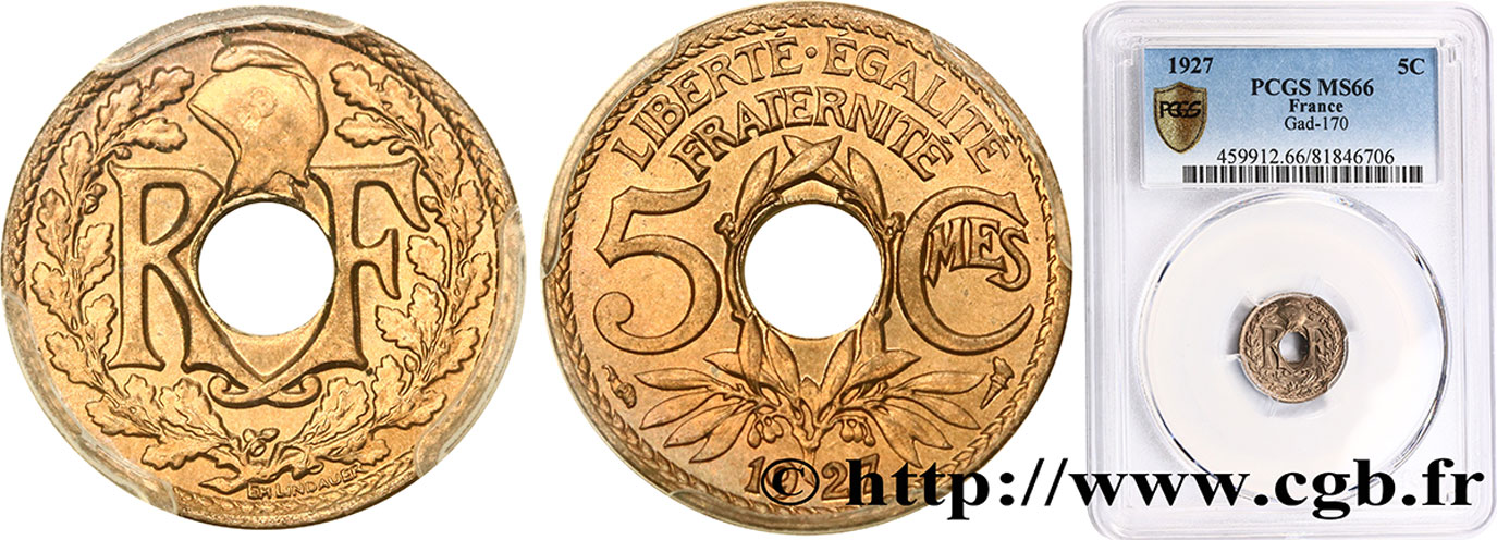 5 centimes Lindauer, petit module 1927  F.122/12 ST66 PCGS