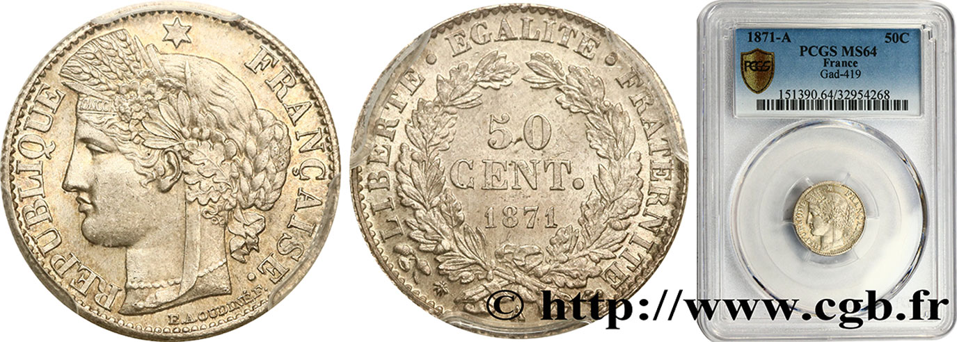 50 centimes Cérès, IIIe République 1871 Paris F.189/1 SC64 PCGS