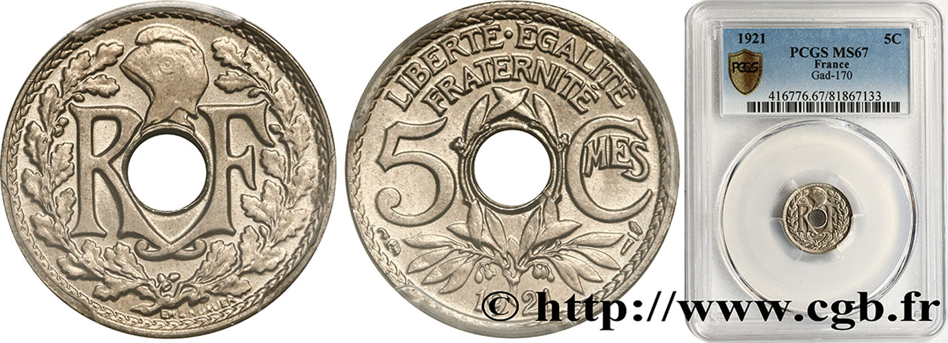 5 centimes Lindauer, petit module 1921 Paris F.122/3 ST67 PCGS