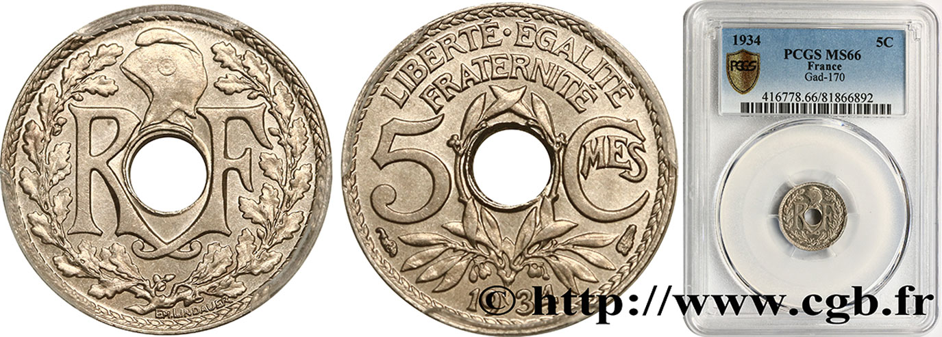 5 centimes Lindauer, petit module 1934 Paris F.122/17 MS66 PCGS
