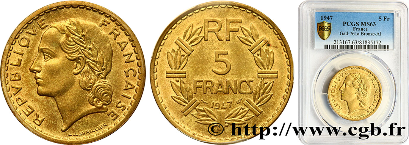 5 francs Lavrillier, bronze-aluminium 1947  F.337/9 fST63 PCGS