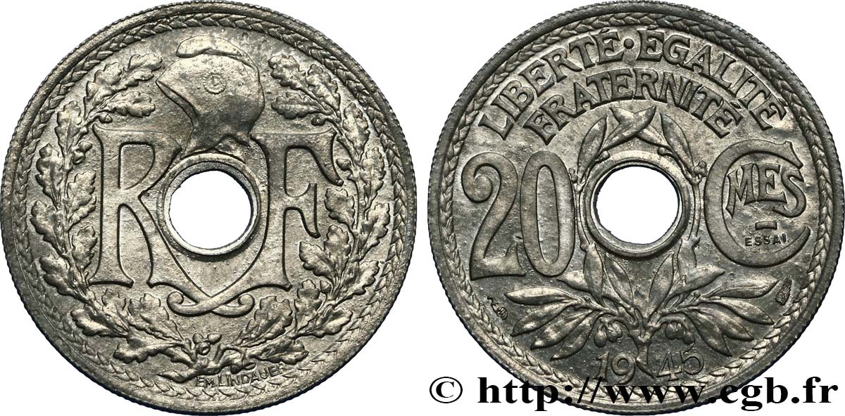 Essai de 20 centimes Lindauer en zinc 1945 Paris F.155/1 SPL63 